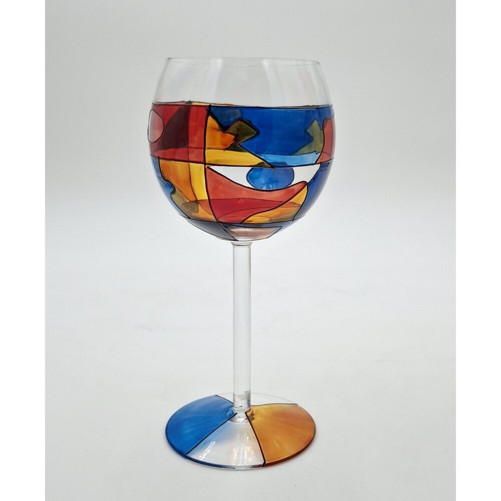 Colorful Hand painted Stemmed Wine Glass  8 3/8" Tall Stained Glass Look